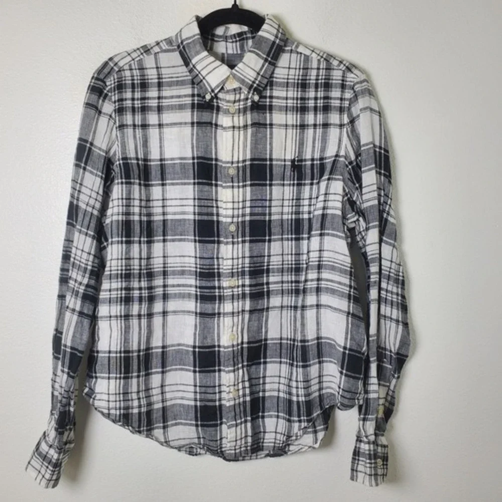 Ralph Lauren Black White Plaid Slub Linen Shirt Button Down Long Sleeve Youth Lg